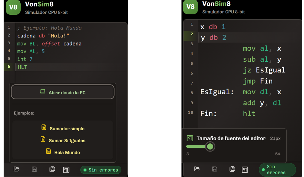 Editor con ampliación de fuente y ejemplos